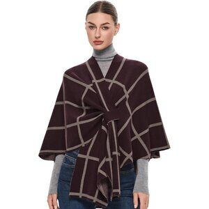 Women's Burgundy Oatmeal Elegant Poncho Sweater Spring Fall Winter Shawl Wraps